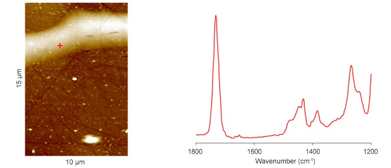 The resonance enhanced mode enables high quality measurements on very thin films. A 20 nm film on PMMA taken by the nanoIR2.
