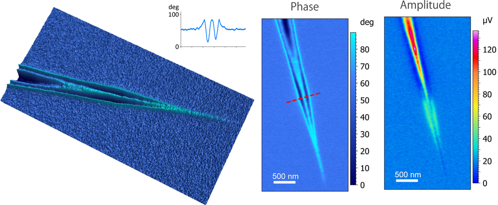 s-SNOM phase and amplitude images of surface plasmon polariton (SPP) on a graphene wedge. (left) s-SNOM phase with a line cross-section of the SPP standing wave; (right) s-SNOM amplitude. Top image is a 3D view of Phase image (left).